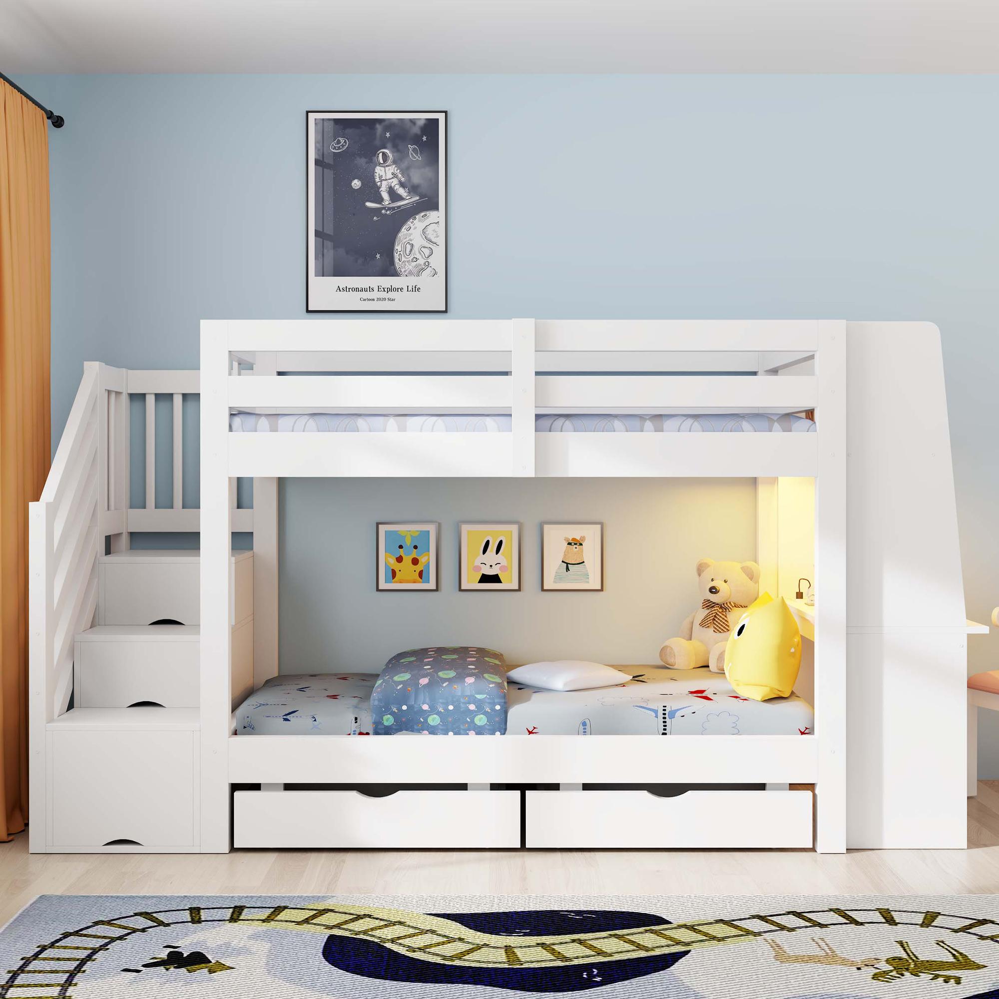MODFU Etagenbett 90x200 Kinderbett Jugendbett mit Schreibtisch und Bücherregal, Hochbett mit LED,Stauraumtreppe und Schubladen,ohne Matratze,Weiß