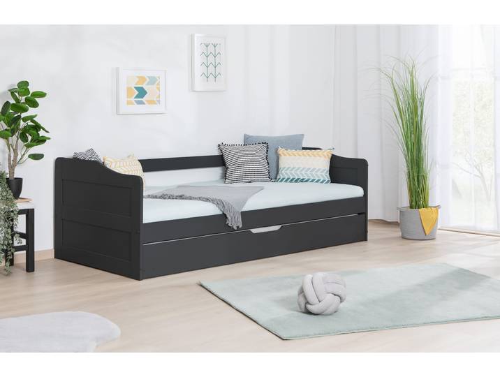 Funktionsbett TICAA Melinda, Daybett, Jugendbett, 2 Schlafplätze, Schublade auf Rollen , grau (kiefer massiv anthrazit), B:96cm L:204cm, Kunststoffrollen, Daybetten, Funktionsbett, FSC-zertifizierte Kiefer, 2 Rollroste, Massivholz