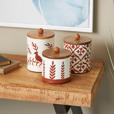 ARCILLA ELEMENTAL Light Blue or Orange Ceramic Floral Canisters with Wood Lids (Set of 3)