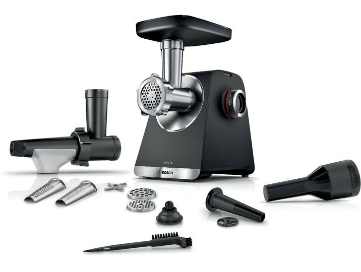 BOSCH Fleischwolf Serie 6 MFWS650B, 3,5kg/Min., 2 Lochscheiben (3 & 8mm), schwarz , schwarz, B:20cm H:24,7cm T:24cm, Zerkleinerer, 2 Stufen, Rücklauf, Wurststopfer, 10 J Motorgarantie, Planetengetriebe, Fleischwolf