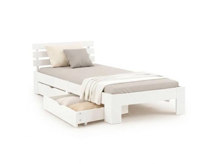 Homestyle4u Bett 90x200 mit Bettkasten & Lattenrost, Weiß Einzelbett aus Massivholz Kiefer – mit ausziehbarem Schubkasten auf Rollen, abgerundete Kanten, Jugendzimmer