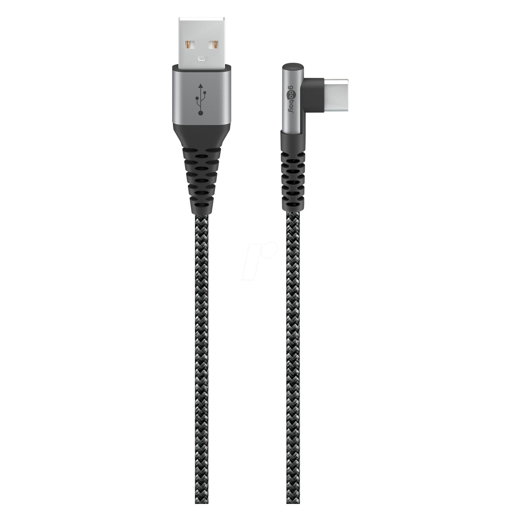Goobay USB-C-auf-USB-C-Textilkabel mit Metallsteckern spacegrau/silber, 90°, 1 m (1 m, USB 2.0, 15 W) (64656)