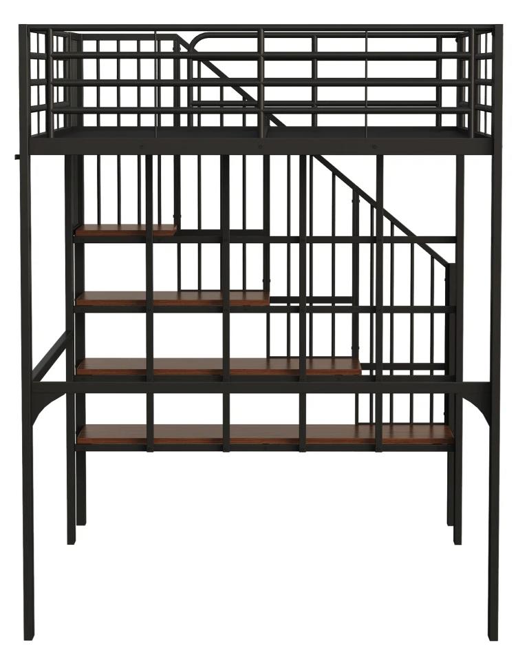 Hochbett - Metallbett - 140 x 200 cm - Metall und Holz - Stauraum unter dem Bett - Treppe - Schwarz