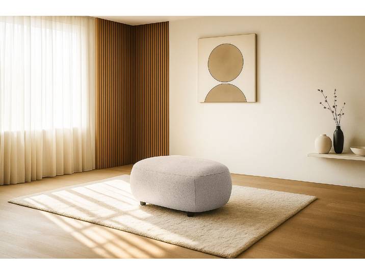 Polsterhocker GOODPRODUCT OSTRUP, Naturtöne, Boucle oder Chenille , beige, B:90cm H:42cm T:64cm, 100% PES, Hocker, Polsterhocker, 90x64 cm, organische Form mit sanften Rundungen