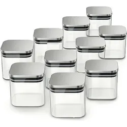 Arendo Glasbehälter Set 10er 10×0,8 L Borosilikatglas, Edelstahldeckel mit Silikonring, mikrowellengeeignet, Vorratsbehälter, Transparent, Silber