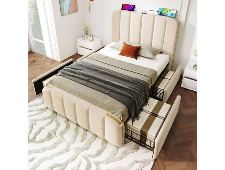 Lit rembourré avec tiroirs - MERAX - Rembourré avec ports USB - 90x200 cm - Tête capitonnée dorée - 4 tiroirs