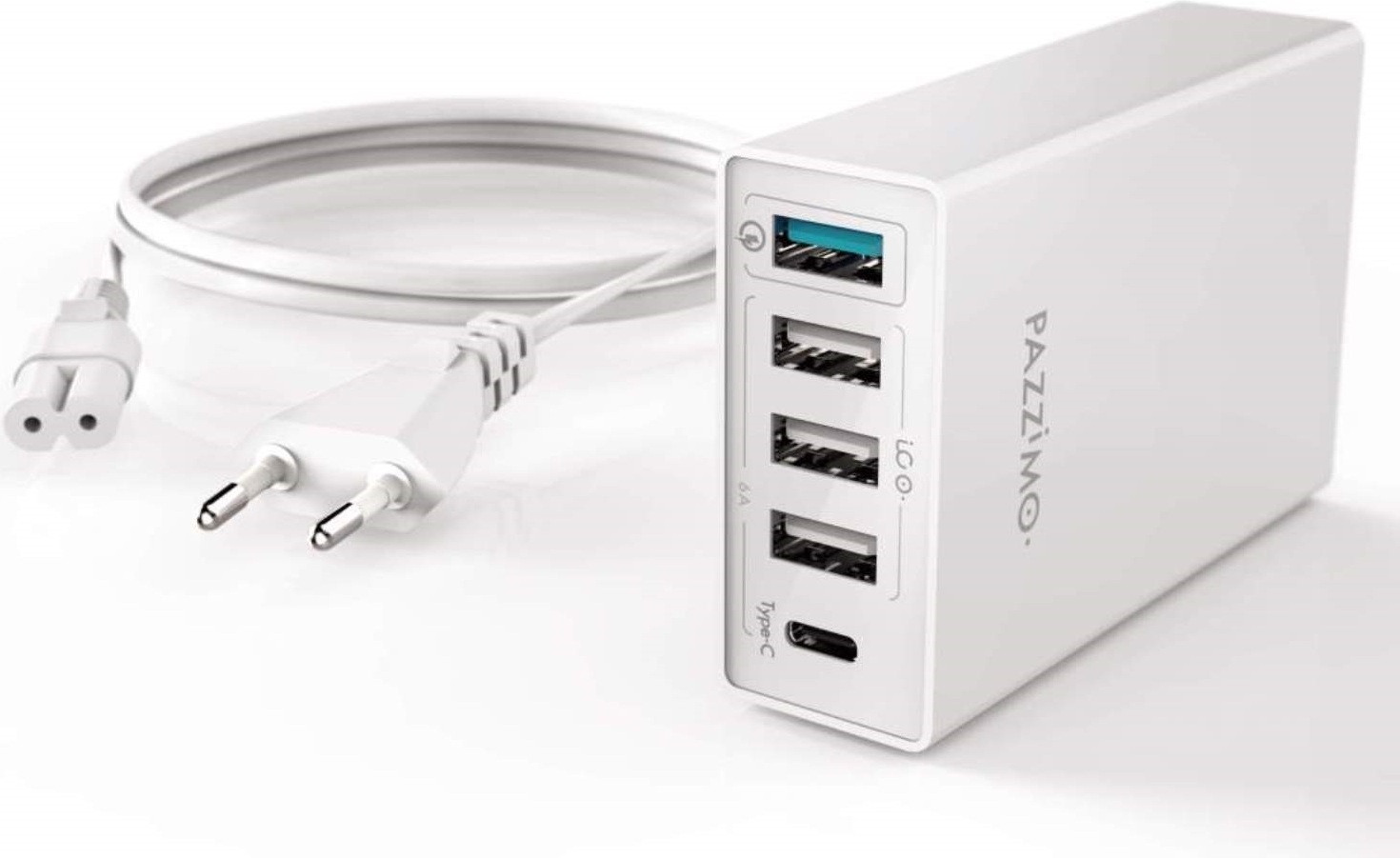 Pazzimo Laadstation met 5 aansluitingen, Qualcomm Quick Charge 3.0, USB + USB-C, 8A, wit