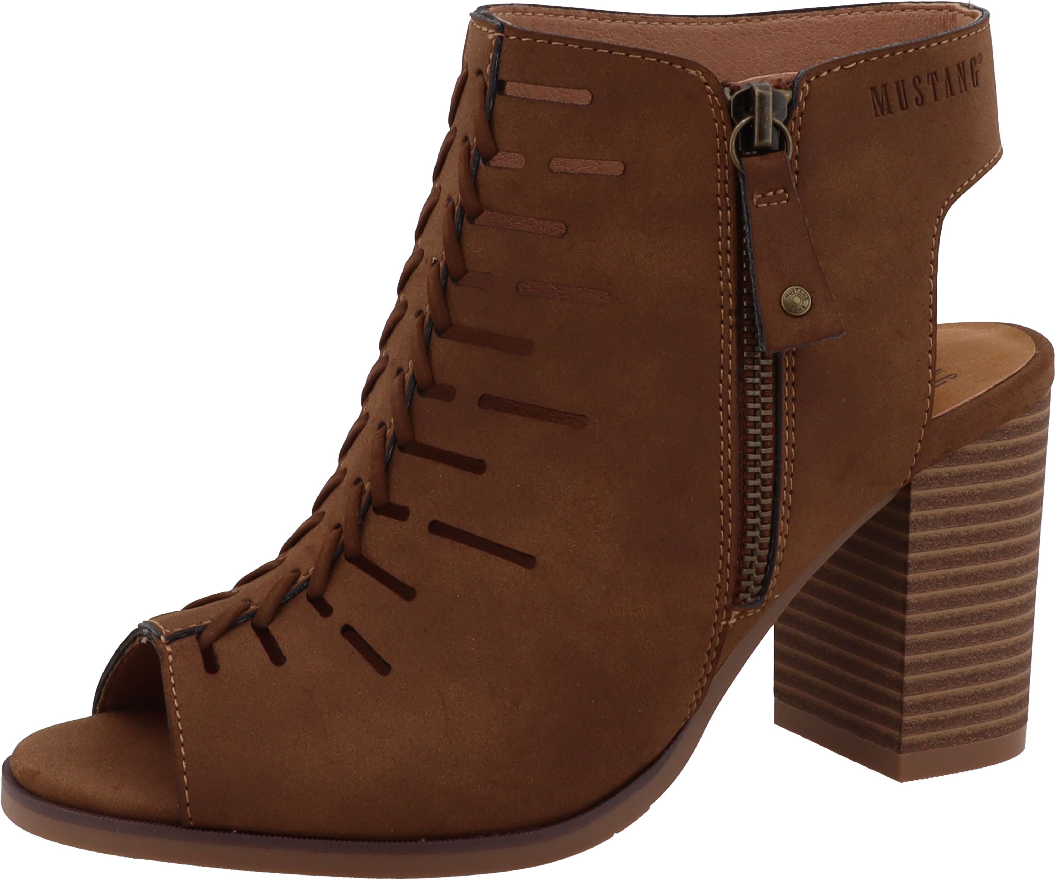 Schaftsandalette MUSTANG SHOES "Louise", Damen, Gr. 41, braun (cognac), Lederimitat, Textil, Schuhe Schaftsandalette, Blockabsatz, Sommerschuh mit modischen Cut-Outs cognac 41