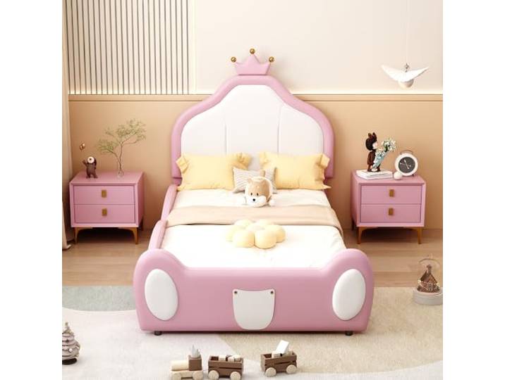 Bellemave Kinderbett 90x200,Polsterbett mit Kronen-Kopfteil,Kunstleder Rosa Zweifarbiges Patchwork-Design, abgerundete Kanten, belastbar bis 200 kg, 12 Latten inklusive, kinderfreundliche Verarbeitung