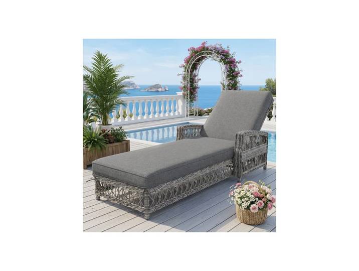 Chaise longue d'extérieur en rotin (1 pièce) chaise longue de jardin avec coussin amovible pour terrasse bord de piscine grise