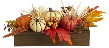 Nearly Natural "16"" Harvest Pumpkin and Berries Artificial Arrangement in Wood Vase"