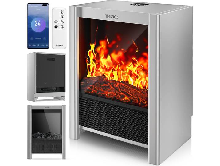 TRESKO® Cheminée électrique avec chauffage & télécommande 2000W\, WiFi App Cheminée électrique effet flamme LED & écran LCD Feu de cheminée avec thermostat\, minuterie Poêle électrique sur pied Chauffage par ventilateur