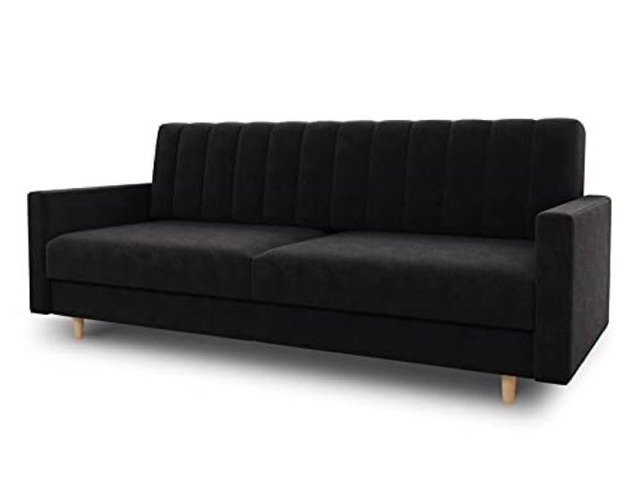 Sofnet - Schlafsofa Sara mit Bettkasten (Schwarz, Kronos 07) Schlafsofa mit Bettkasten, Wellenfeder, Veloursstoff, Holzfüße, Bettfunktion, Couch, Sofagarnitur