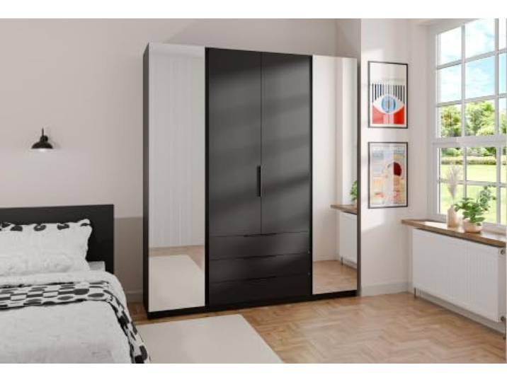 AX Living Nehir Schrank 200 cm Schwarz, 2 Spiegel außen + 3S 2 Spiegel außen; 2 glatte Türen; 3 Schubladen – Stauraum mit Stil.