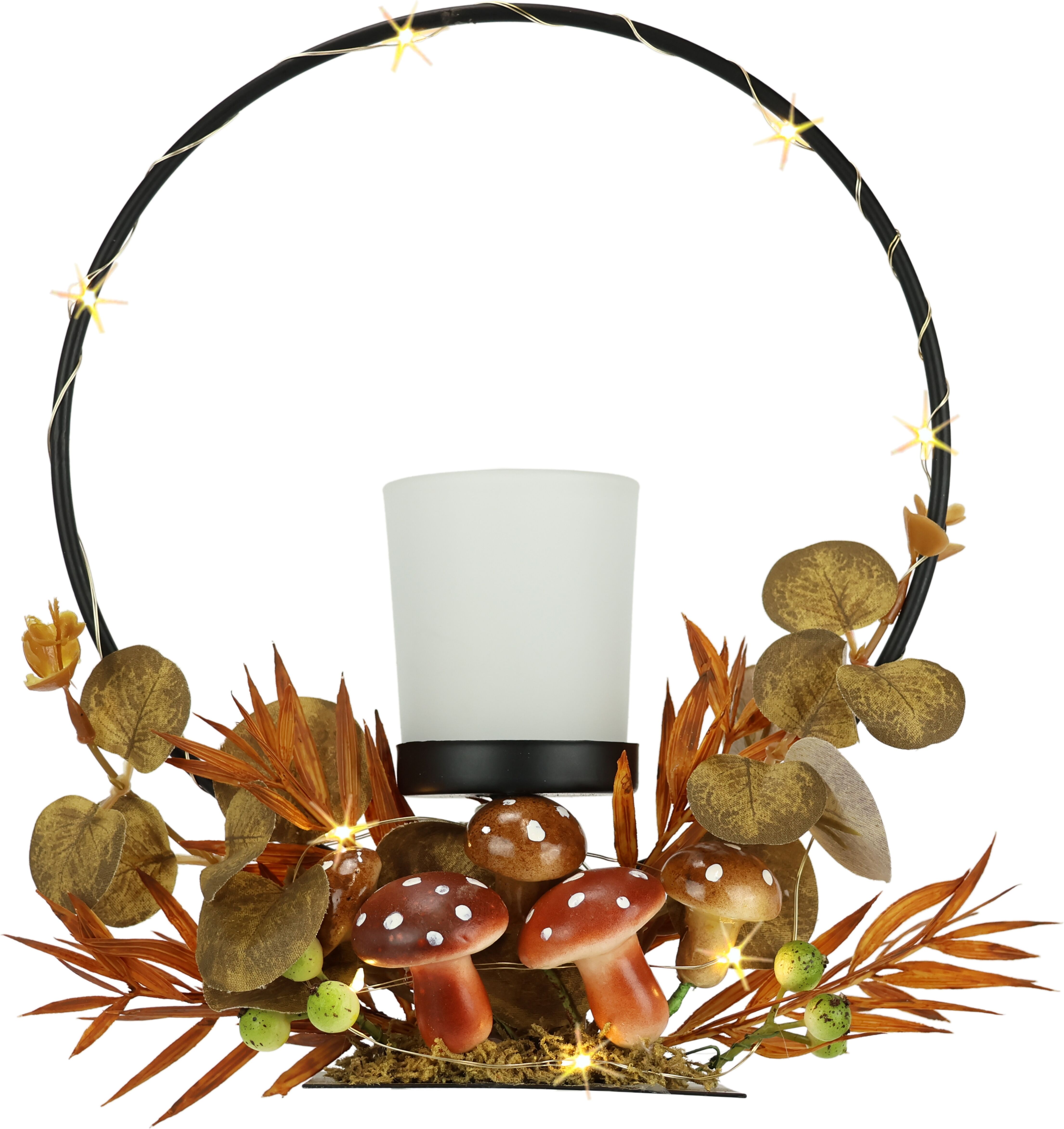 Teelichthalter I.GE.A. "Teelichthalter mit Metall-Bogen LED-Licht", braun, B:20cm H:23cm, Glas, Kerzenhalter, Teelichthalter, Herbstlich dekoriert Herbstlaub Eukalyptus Teelicht-Glas