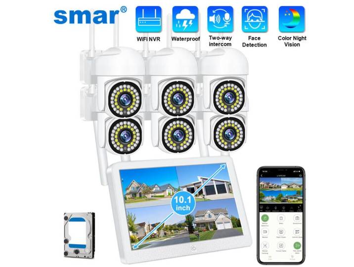 Kit de Surveillance Sans Fil Smar 10,1 Pouces avec Moniteur 3MP, Système de Caméra de Sécurité IP PTZ Wi-Fi Extérieur, Kit NVR pour Surveillance Domestique