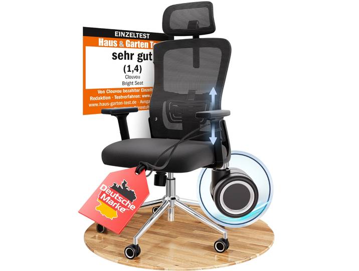 CLOUVOU BrightSeat Bürostuhl Ergonomisch Schreibtischstuhl Höhenverstellbar, 2D-Armlehne, 2D-Kopfstütze, bis 150kg Belastung [Nr.1 in Klein & Leicht]