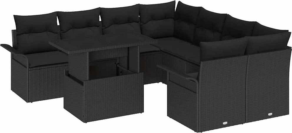 Modulares Garten-Sofa-Set, Outdoor-Lounge für 8 Personen, Poly-Rattan & Akazienholz, höhenverstellbarer Tisch, Schwarz, 9-teilig