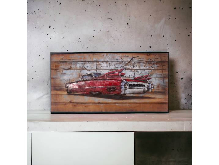 Tableau Relief Voiture Rouge Américaine vintage en Bois et Métal
