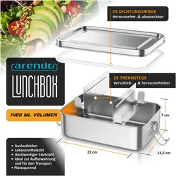 Arendo Lunchbox Edelstahl 1,4 l + Isolierflasche 500 ml, Brotdose auslaufsicher mit Trennstegen, Set, Lunchbox, Silber