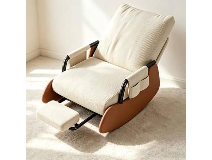 Relaxsessel mit Hocker mit Praktischer Seitentasche Bequemer Schaukelsessel mit 60cm breiter Sitzfläche und platzsparender Beinauflage fürs Wohnzimmer.