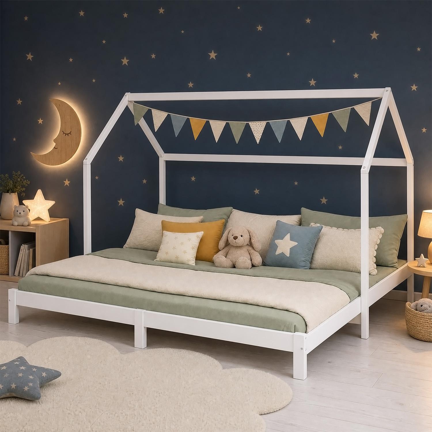 Homestyle4u Kinderbett 90x200 180x200 ausziehbar mit Lattenrost mit Matratze mit Standard 100 Familienbett Kinderbett Hausbett Weiß Holz