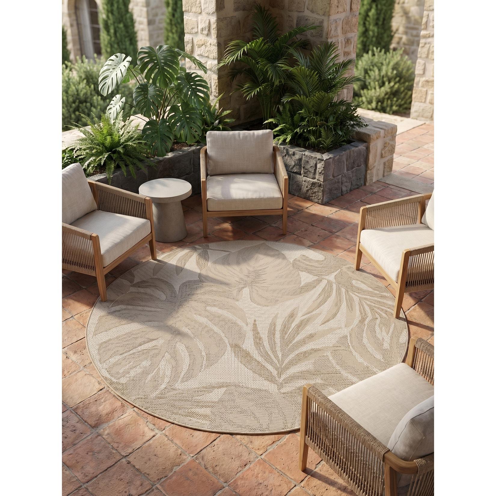 Teppich Outdoor VENTOUX in Beige, mit Tropen-Motiv, Ø 80 cm