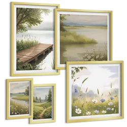 BILDER SET 5er Set - 50x50 cm & 20x30 cm & 40x60 cm Goldrahmen - Zitronenblumen aus der Küstenstadt