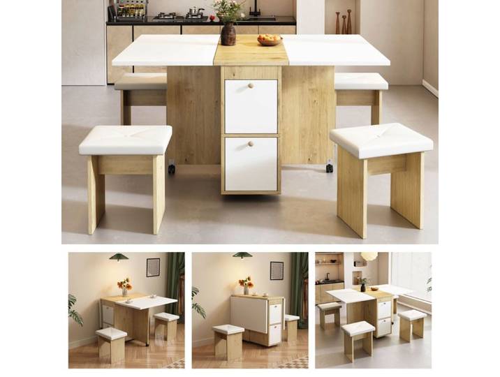 Table à manger - Design pliable - Blanc - Chêne - 4 chaises - 120x80x75cm