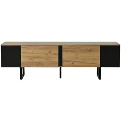 OKWISH TV-Schrank aus Spanplatte in Naturholz/Schwarz, 180x40x55 cm, Soft-Close, für Fernseher bis 75 Zoll