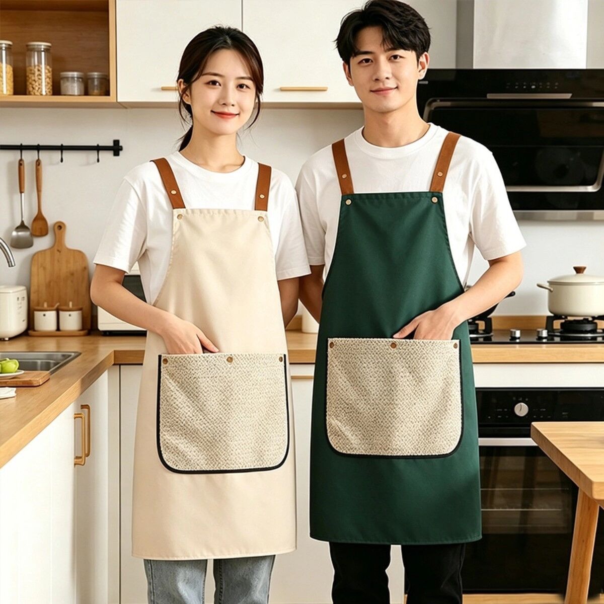 INF Tablier de cuisine en polyester déperlant avec serviette amovible et poche pour téléphone - Tablier bavette pour cuisson et Kaki