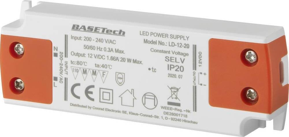 Basetech LD-12-20 LED-transformator, constante spanning, 20 W, 1,66 A, geschikt voor meubels