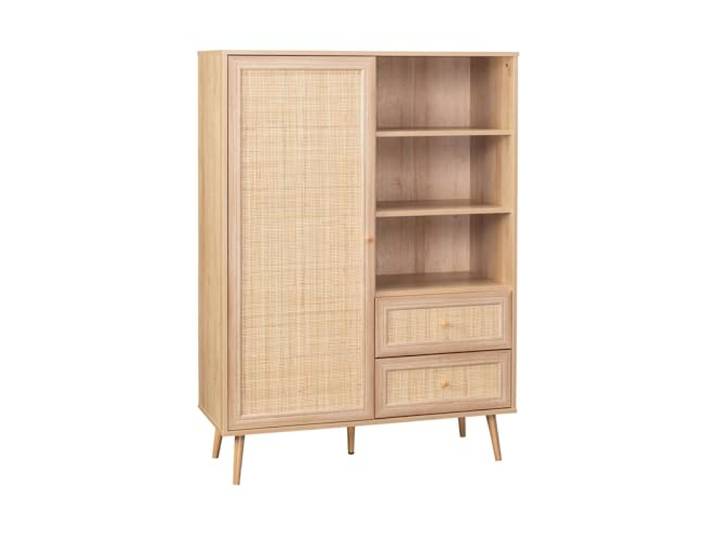 Highboard mit Rohrgeflecht und Holzdekor 1 Tür, 2 Schubladen, 6 Regale - Bohème