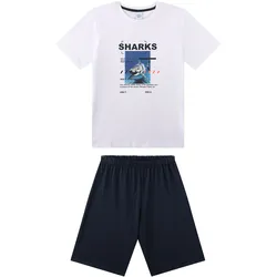 Sanetta Jungen Schlafanzug, kurz -  Teens, Sharks, Pyjama, Single Jersey, Baumwolle Weiß / 140