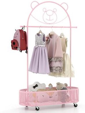 Costway Kid Clothes Rack with 3 Adjustable Heights and Wheels-Pink