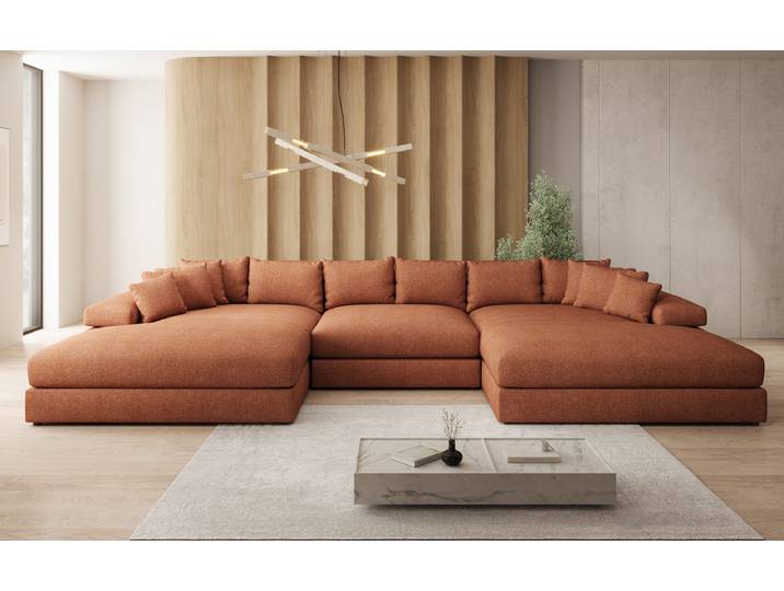 Designer Sofa Bernardo U mit breiter Ottomane in Strukturstoff - Terrakotta - Strukturstoff - Luxusbetten24