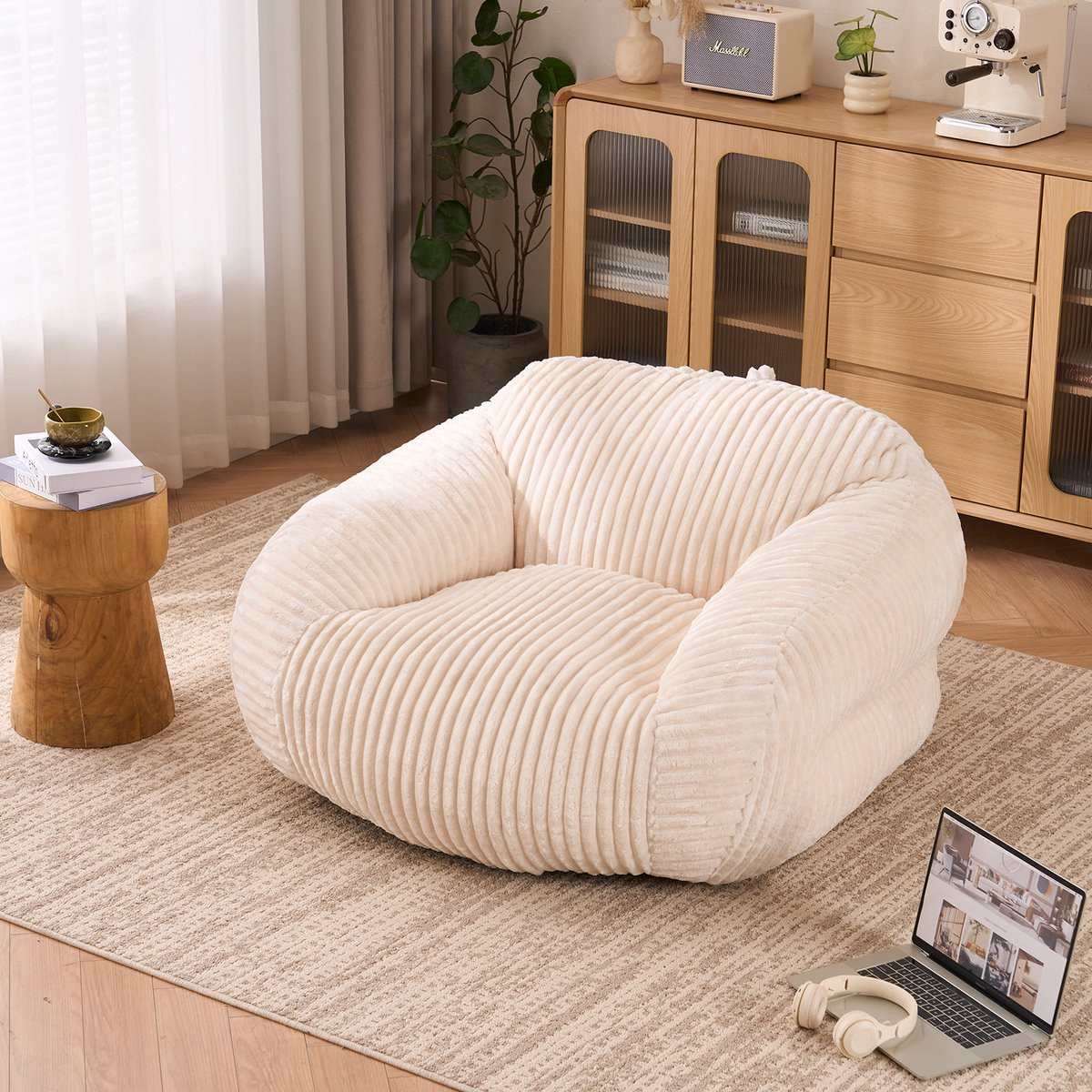 Ropilly Zitzak voor volwassenen - Beige corduroy loungestoel - B/D/H: 116 x 110 x 61 cm