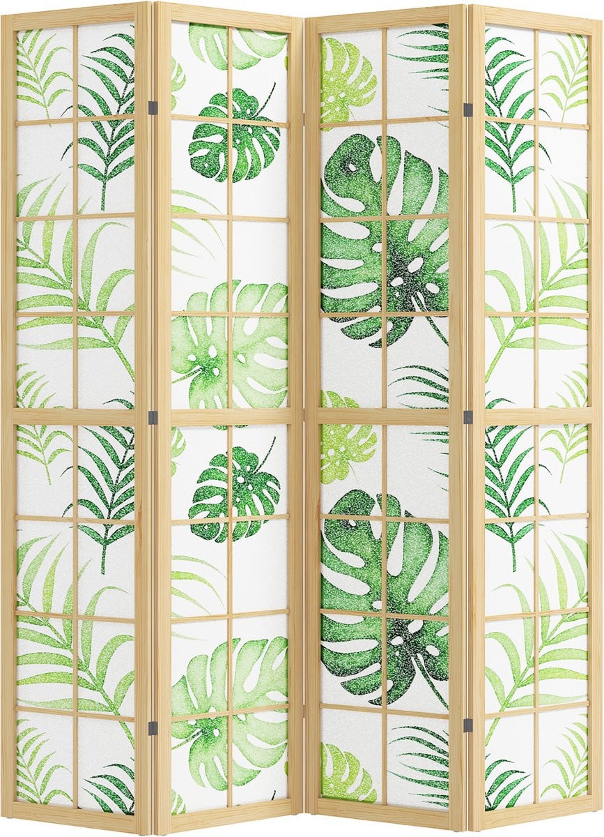 4-delig kamerscherm met tropisch motief en houten frame in groen