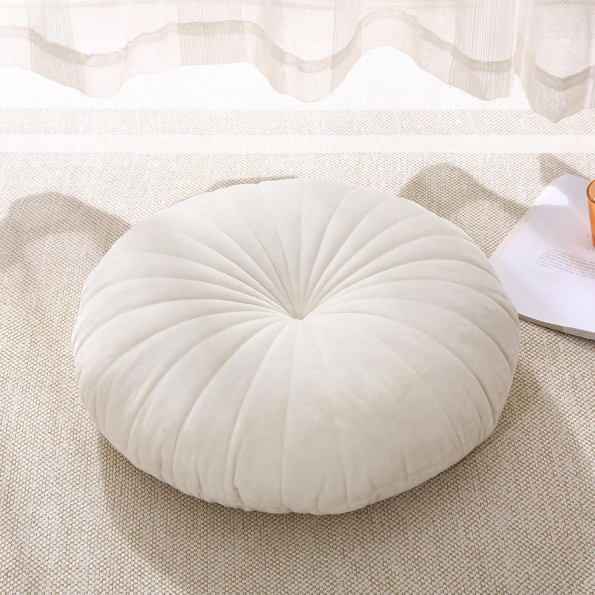 SnelShoppen Grote Ronde Vloerkussen Beige - Zacht Velours Meditatiekussen voor Yoga en Woonkamer