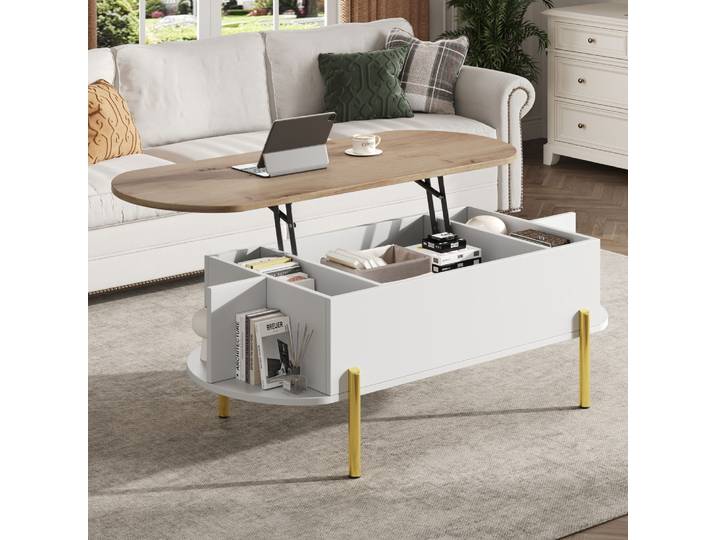 Table basse Table de salon avec plaque réglable en hauteur, tables de salon, tables d'appoint, table basse avec 7 zones de rangement