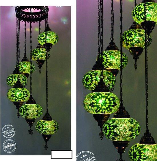 Halay Turkse hanglamp met 7 groene mozaïek glazen bolletjes