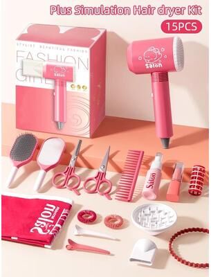 Uplift Essentials Kids Simulation Haircut And Style Play Kit 15pcs Hair Dryer Kit