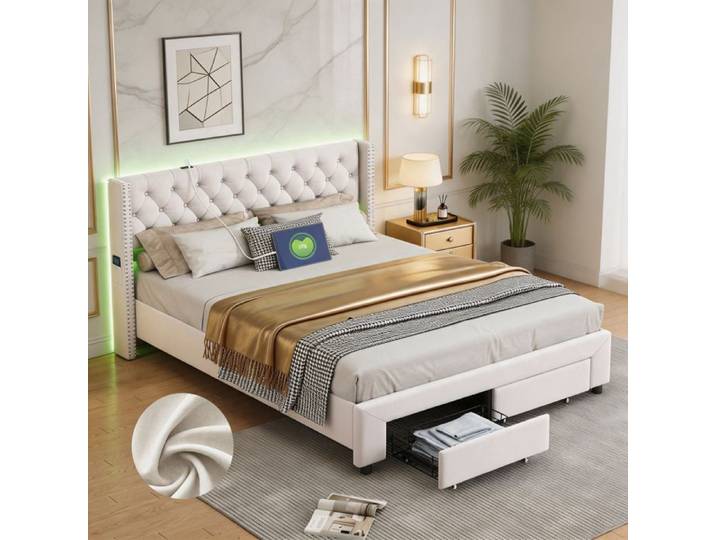 Lit 140x190 cm - NEXU - Tête de lit rembourrée - LED & USB intégrés - 2 tiroirs