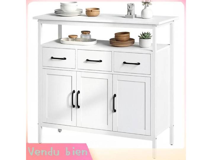 LIA Buffet cuisine meuble de rangement 3 portes 3 tiroirs compartiment ouvert et étagères réglables 95x35x88cm blanc