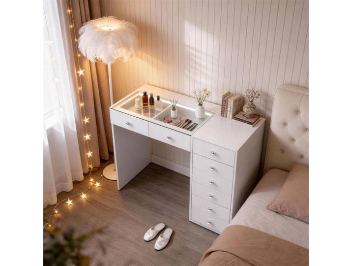 FENCHILIN Coiffeuse LED Éclairage 8 Tiroirs Blanc 120 x 81 x 55 cm