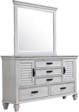 Benjara Eli Wide Dresser with Mirror, 5 Drawers 2 Cabinets, Distressed White