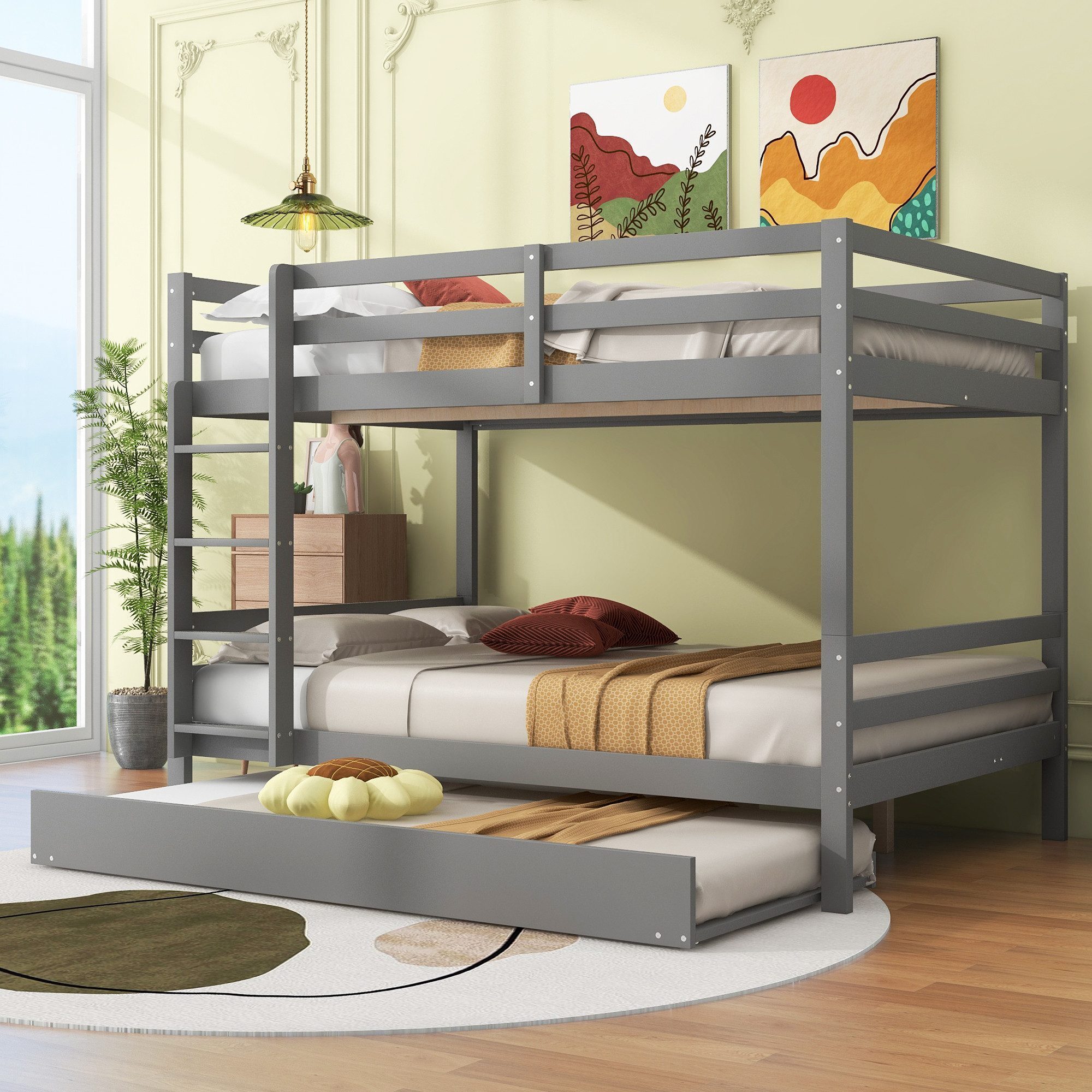 Fortuna Lai Etagenbett 140*200cm mit Ausziehbett und Treppe, Massivholz Kinderbett Doppelbett, Grau
