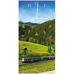 Wallario Uhr 30 x 30 cm, weiße Zeiger Eisenbahn in einer Sommerlandschaft in der Schweiz