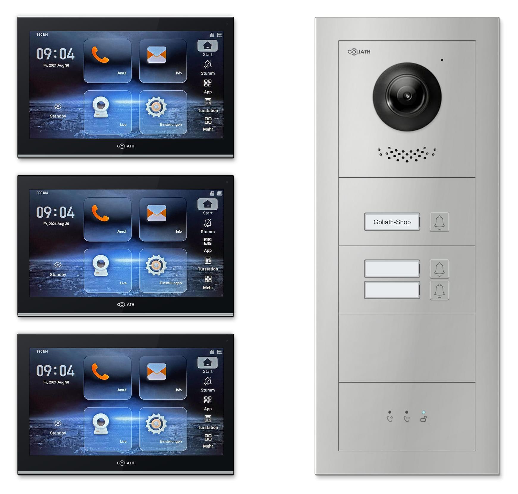 Goliath IP-Video-Türsprechanlage GL-IPH340M für 3 Familien - Anzeigemodul : 10 Zoll Schwarz : Silber : Unterputzdose Monitor Farbe: 10 Zoll Schwarz Montage: Unterputzdose Türklingel Farbe: Silber