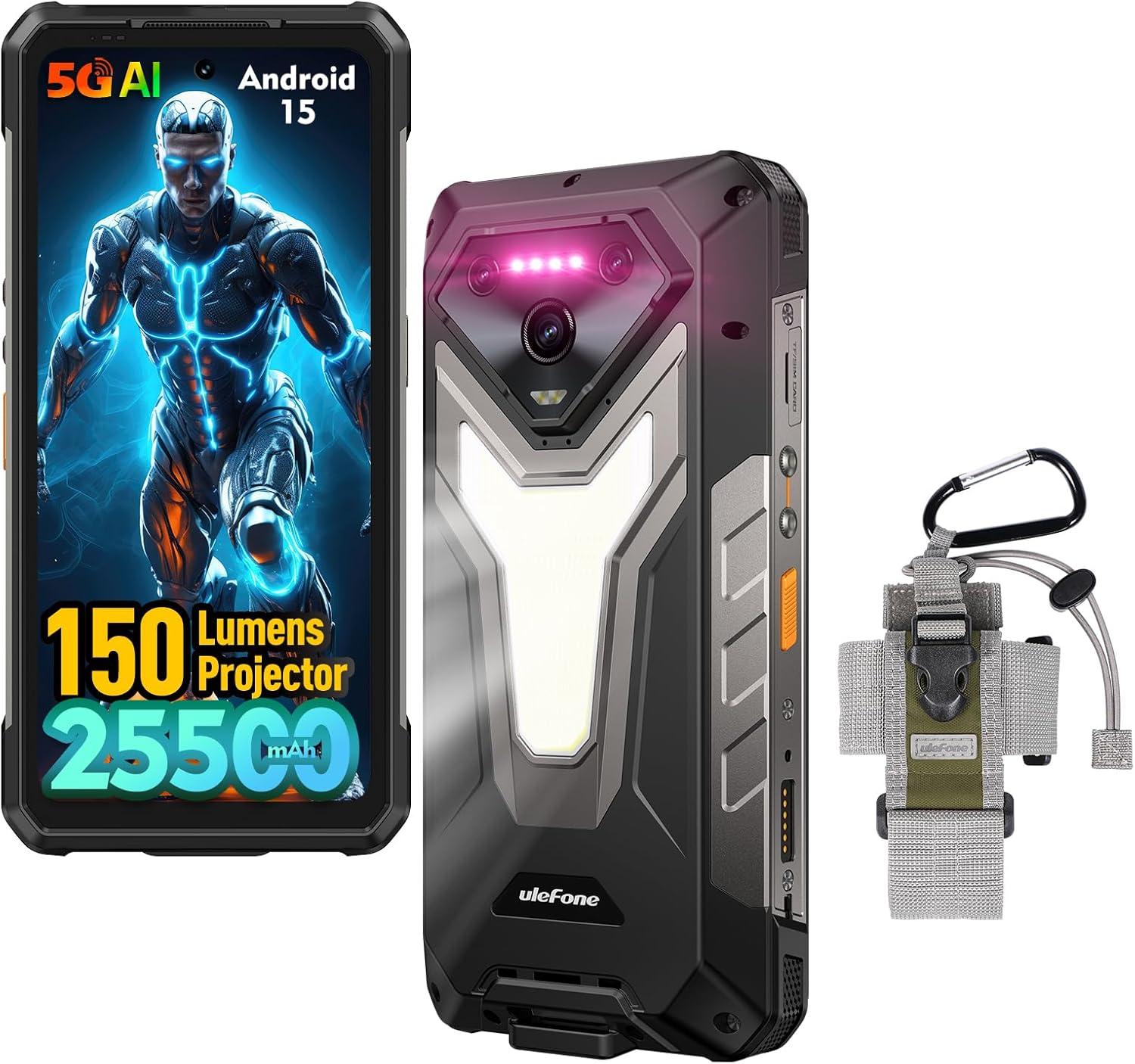 Ulefone Armor 34 Pro 5G Outdoor Handy mit Projektor, 32GB+512GB/2TB AI Outdoor Smartphone Android 15, 25500mAh 6.95" FHD+ 1100LM Campinglampe, WiFi 6E